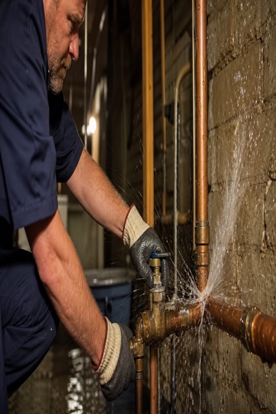Burst pipe emergency with water spray