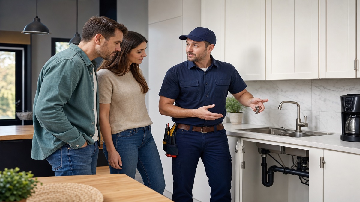 Plumber consulting with a homeowner in their home