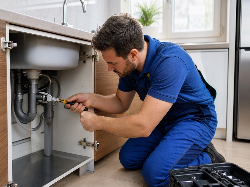 Plumber with tools at a kitchen plumbing job